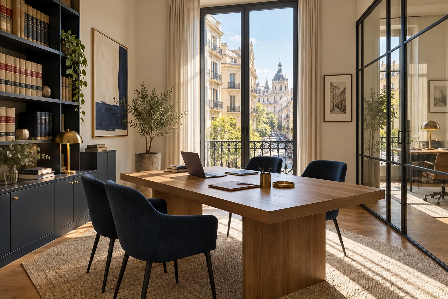 Interior de un despacho de abogados con mesa de reuniones